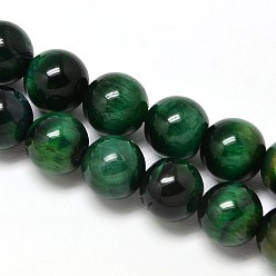 Dark Green Natural Tiger Eye Beads Strands, Grade A+, Dyed & Heated, Round, Dark Green, 14mm, Hole: 1mm, about 29pcs/strand, 15.75 inch