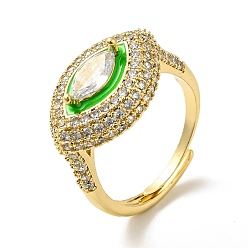 Lime Green Clear Cubic Zirconia Horse Eye Adjustable Ring with Enamel, Real 18K Gold Plated Brass Jewelry for Women, Lime Green, US Size 6 1/4(16.7mm)