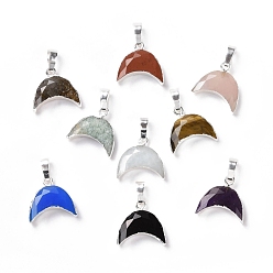 Mixed Stone Natural Gemstone Pendants, with Platinum Tone Brass Findings, Cadmium Free & Lead Free, Faceted, Moon, Mixed Dyed and Undyed, 24mm, Moon: 17x18x5.5mm, Hole: 4.5x7mm