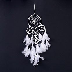White Native Style Five Rings Woven Net/Web with Feather Wall Hanging Decoration, with Wooden Beads, for Home Offices Amulet Ornament, White, 558x260x10.8mm, Pendant: 450mmx260mm