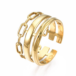 Golden 304 Stainless Steel Cable Chain Open Cuff Ring, Chunky Hollow Ring for Women, Golden, US Size 7 1/4(17.5mm)