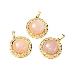 Rose Quartz Natural Rose Quartz Pendants, with Golden Tone 304 Stainless Steel Findings, Half Round Charm, 24.5x21x8mm, Hole: 3x6mm