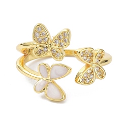 White Butterfly Real 18K Gold Plated Cuff Rings for Girl Women Gift, Brass Micro Pave Cubic Zirconia Open Rings, with Resin, White, US Size 6 3/4(17.1mm)