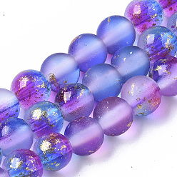 Blue Violet Frosted Spray Painted Glass Beads Strands, with Golden Foil, Round, Blue Violet, 6~7mm, Hole: 1.2~1.5mm, about 65~67pcs/Strand, 14.76 inch~15.12 inch(37.5~38.4cm)