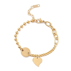 Золотой Вакуумное покрытие плоский круглый браслет с подвеской в виде сердца с 304 цепочками из нержавеющей стали для женщин, золотые, 7 дюйм (17.7 см)