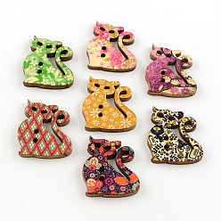 Mixed Color Cat 2-Hole Printed Wooden Buttons, Mixed Color, 29x25x3mm, Hole: 2mm