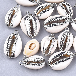 Platinum Electroplate Cowrie Shell Pendants, with Iron Findings, Platinum, 18~24x10~14x6~7mm, Hole: 1.5mm
