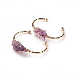 Amethyst Long-Lasting Plated Brass Cuff Bangles, with Natural Amethyst, Nuggets, Golden, 1-3/8 inchx2-3/8 inch(3.8x6cm), 2.8mm