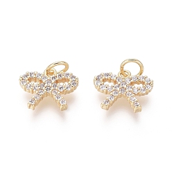 Golden Brass Charms, with Clear Cubic Zirconia and Jump Rings, Bowknot, Golden, 10.5x12.5x2mm, Hole: 3mm
