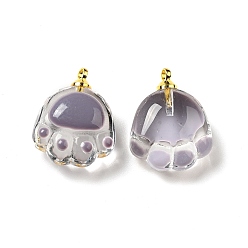 Gray Transparent Glass Pendants, with Golden Tone Alloy Loops and Enamel, Cat Paw, Gray, 18.5x14.5x7.5mm, Hole: 1.6mm