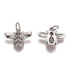 Platinum Brass Micro Pave Cubic Zirconia Charms, with Jump Rings, Bees, Black & Clear, Platinum, 11.5x15x3mm, Hole: 3mm