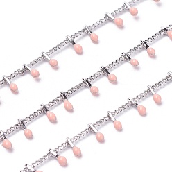 PeachPuff Handmade Enamel Beaded Chains, with Brass Curb Chains, Soldered, with Spool, Long-Lasting Plated, Real Platinum Plated, PeachPuff, 5.5x1.5~2mm, about 32.8 Feet(10m)/roll