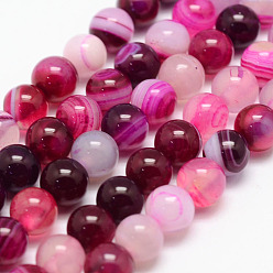Deep Pink Natural Striped Agate/Banded Agate Bead Strands, Round, Grade A, Dyed & Heated, Deep Pink, 10mm, Hole: 1mm, about 37~38pcs/strand, 14.5 inch