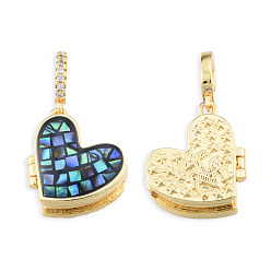 Black Brass Micro Pave Clear Cubic Zirconia Locket Pendants, with Natural Abalone Shell/Paua Shell, Dyed, Nickel Free, Real 18K Gold Plated, Heart Charm, Black, 17x17x8mm, Hole: 4x5.5mm