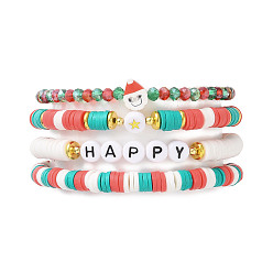 Mixed Color 4Pcs 4 Style Polymer Clay Heishi Surfer Stretch Bracelets Set, Santa Claus & Glass Stackable Christmas Bracelets for Women, Mixed Color, Inner Diameter: 2-1/8~2-1/4 inch(5.45~5.8cm), 1Pc/style