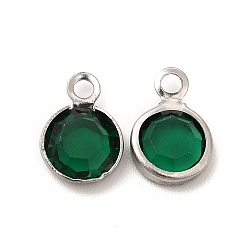 Sea Green 304 Stainless Steel with Glass Charms, Stainless Steel Color, Faceted Flat Round, Sea Green, 9.5x6.5x2mm, Hole: 1.5mm