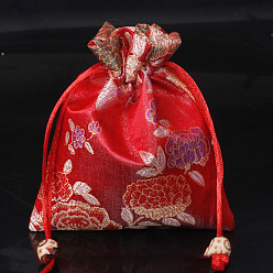 Красный Атласные упаковочные мешочки для ювелирных изделий в китайском стиле с цветочным узором, подарочные пакеты на шнуровке, прямоугольные, красные, 14x11 см
