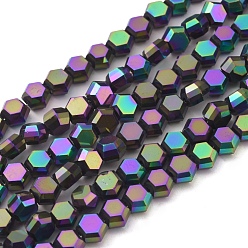Multi-color Plateada Abalorios de vidrio electrochapa, lleno chapado, facetados, hexágono, multi-color de chapado, 6x7x4 mm, agujero: 1.2 mm, sobre 100 unidades / cadena, 20.87 pulgada (53 cm)