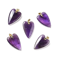 Amethyst Natural Amethyst Pendants, with Rack Plating Golden Plated Brass Findings, Long-Lasting Plated, Heart, 32~34x20x8mm, Hole: 4x4mm