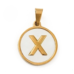 Letter X Vacuum Plating 304 Stainless Steel with White Shell Pendants, Golden, Flat Round with Letter Charm, Letter.X, 18x16x1.5mm, Hole: 3x6mm