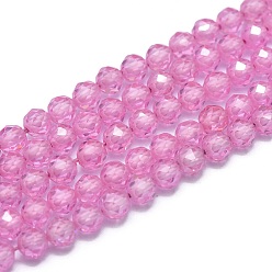 Pearl Pink Cubic Zirconia Beads Strands, Faceted, Round, Pearl Pink, 4mm, Hole: 0.8mm, about 91pcs/strand, 15 inch(38cm)