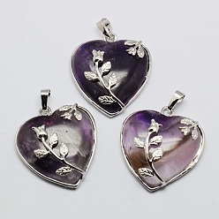 Amethyst Heart Natural Amethyst Pendants, with Platinum Plated Brass Pendant Settings, 36x31~33mm, Hole: 6mm