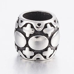 Antique Silver 304 Stainless Steel European Beads, Large Hole Beads, Barrel with Oval and Cross, Antique Silver, 8x7mm, Hole: 5mm