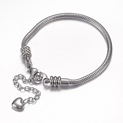 Stainless Steel Color 304 Stainless Steel European Round Snake Chains Bracelets, with Lobster Claw Clasp and Heart Charms, Stainless Steel Color, 190x3mm