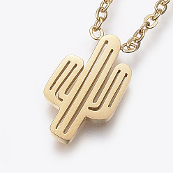 Golden 304 Stainless Steel Pendant Necklaces, with Lobster Claw Clasps, Cable Chains, Cactus, Golden, 16.5 inch(42cm)