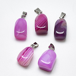 Magenta Natural Banded Agate/Striped Agate Pendants, Dyed, with Stainless Steel Snap On Bails, Cuboid, Stainless Steel Color, Magenta, 20~23x9~13x9~13mm, Hole: 3~4x7~8.5mm