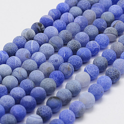 Royal Blue Frosted Natural Agate Beads Strands, Round, Dyed & Heated, Royal Blue, 8mm, Hole: 1mm, about 48pcs/strand, 14.5 inch