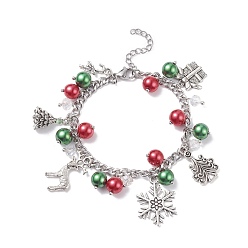 Antique Silver Christmas Gift Box & Tree & Snowflake & Reindeer Alloy Charm Bracelet with Glass Pearl, Christmas Bracelet with 304 Stainless Steel Curb Chain for Women, Antique Silver, 7-1/4 inch(18.5cm)