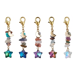 Mixed Color Electroplate Glass Star Pendant Decoration, Natural & Synthetic Mixed Stone Chips and Alloy Lobster Claw Clasps Charm, Mixed Color, 61mm