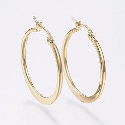 Golden 304 Stainless Steel Hoop Earrings, Hypoallergenic Earrings, Flat Ring Shape, Golden, 34~36mm, Pin: 0.7x1mm