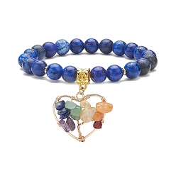 Lapis Lazuli Bracelet extensible en lapis-lazuli naturel (teint), yoga chakra mixte pierres précieuses chips coeur avec bracelet à breloques arbre pour femme, diamètre intérieur: 2-1/8 pouce (5.4 cm)