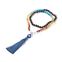 Mixed Stone Gemstone Mala Beads Necklace, Lampwork Evil Eye with Tassel Big Pendant Necklace, Yoga Prayer Jewelry for Women, 28.98 inch(73.6cm)