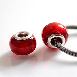 Red Handmade Silver Foil Glass European Beads, with Silver Color Plated Brass Cores, Rondelle, Red, 14x10mm, Hole: 5mm