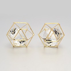 Doré  Laiton perles de polygone creux, avec des billes de verre flottant à l'intérieur, or, 13x13x17mm