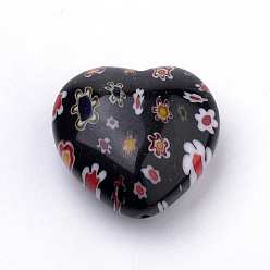 Noir Main perles de Murano millefiori, cœur, noir, 21~22x21~22x10.5~11mm, Trou: 1mm