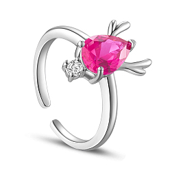 Hot Pink SHEGRACE Rhodium Plated 925 Sterling Silver Cuff Rings, Open Rings, Deer with AAA Cubic Zirconia, Hot Pink, 18mm