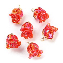 Red Opaque Resin Pendants, AB Color, Flower Charms with Golden Plated Alloy Leaf, Red, 22.5x18x17mm, Hole: 2.3mm