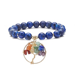 Lapis Lazuli Bracelet extensible en lapis-lazuli naturel (teint), yoga chakra mixte pierres précieuses chips arbre de vie bracelet à breloques pour femme, diamètre intérieur: 2 pouce (5.2 cm)