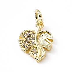 Real 18K Gold Plated Brass Micro Pave Clear Cubic Zirconia Leaf Charms, with Open Jump Rings, Real 18K Gold Plated, 13x10x2mm, Ring: 5x0.8mm, Hole: 3mm