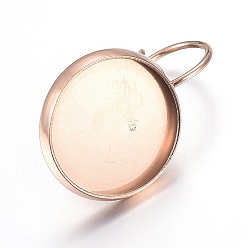 Real Rose Gold Plated Ion Plating(IP) Stainless Steel Leverback Earring Settings, Flat Round, Real Rose Gold Plated, Tray: 12mm, 20x14mm, Pin: 0.7mm