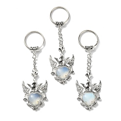 Opalite Coeur d'opalite avec porte-clés pendentif aile, avec les accessoires en laiton de tonalité de platine, 9.6 cm