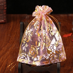 Pink Pochettes à bijoux en organza avec cordon de serrage, sacs-cadeaux de fête de mariage, rectangle avec motif de fleurs estampé d'or, rose, 12x9 cm