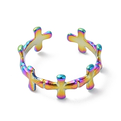 Rainbow Color Chapado en iones (ip) 304 anillo de puño abierto cruzado de acero inoxidable para mujer, color del arco iris, diámetro interior: 17 mm
