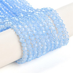 Aciano Azul Hebras de perlas de vidrio transparentes pintadas para hornear, imitación opalite, facetados, bicono, azul aciano, 3.5x2.5 mm, agujero: 0.7 mm, sobre 135 unidades / cadena, 16.85 pulgada (42.8 cm)