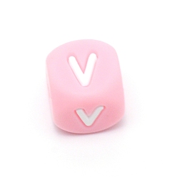 Letter V Силиконовые бусины с алфавитом для изготовления браслетов или ожерелий, стиль письма, розовый куб, letter.v, 12x12x12 мм, отверстие : 3 мм
