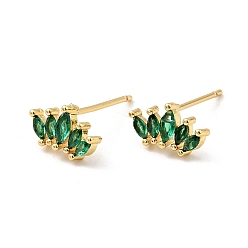 Green Cubic Zirconia Oval Stud Earrings, Real 18K Gold Plated Brass Jewelry for Women, Cadmium Free & Nickel Free & Lead Free, Green, 5.5x10mm, Pin: 0.7mm